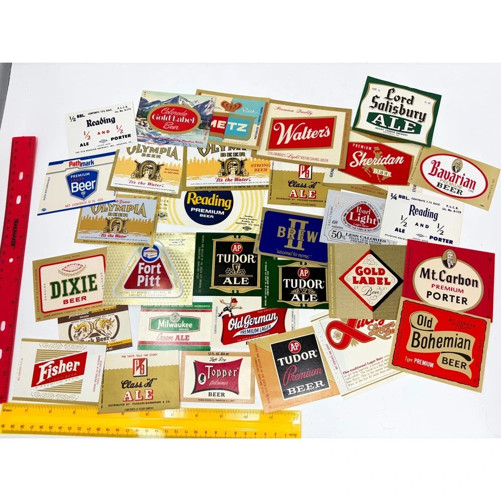 Lot of 30 Random Mixed Beer Labels Mostly 1970s Mixed Breweriana Bar Decor